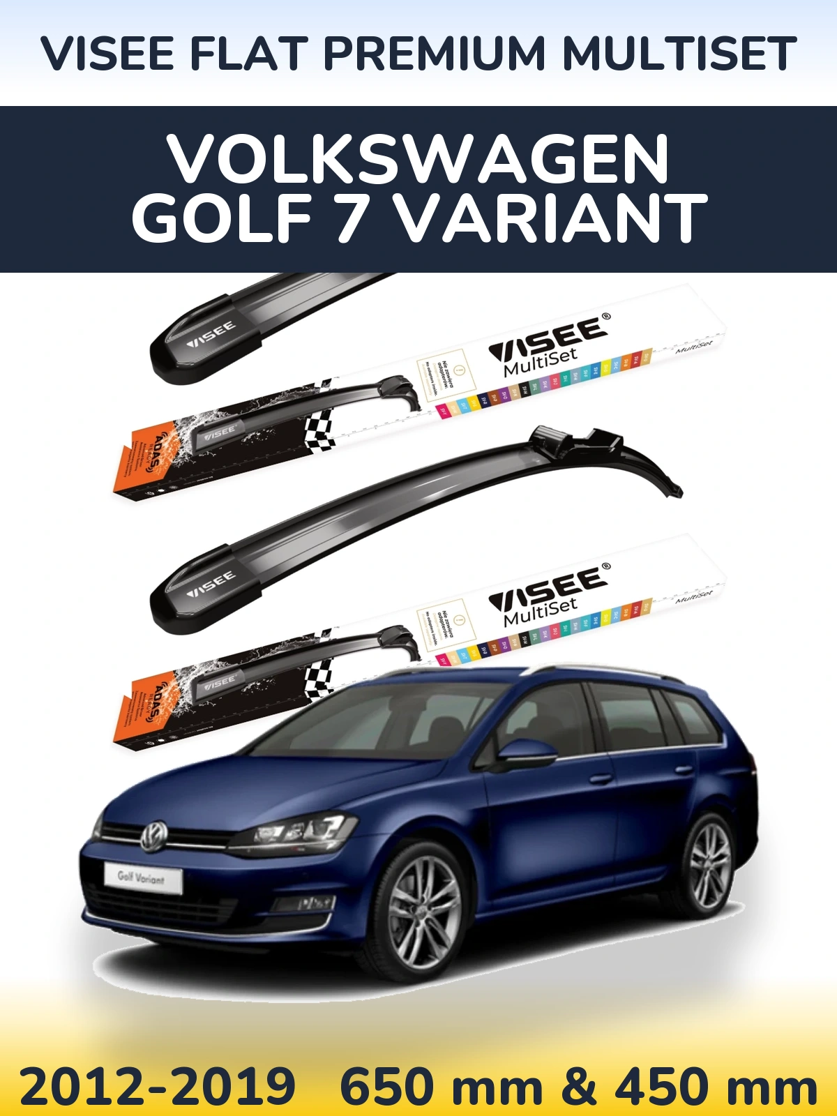 Комплект передних дворников VISEE FLAT PREMIUM MultiSet 650 & 450 мм для Volkswagen Golf 7 Variant 2012-2019