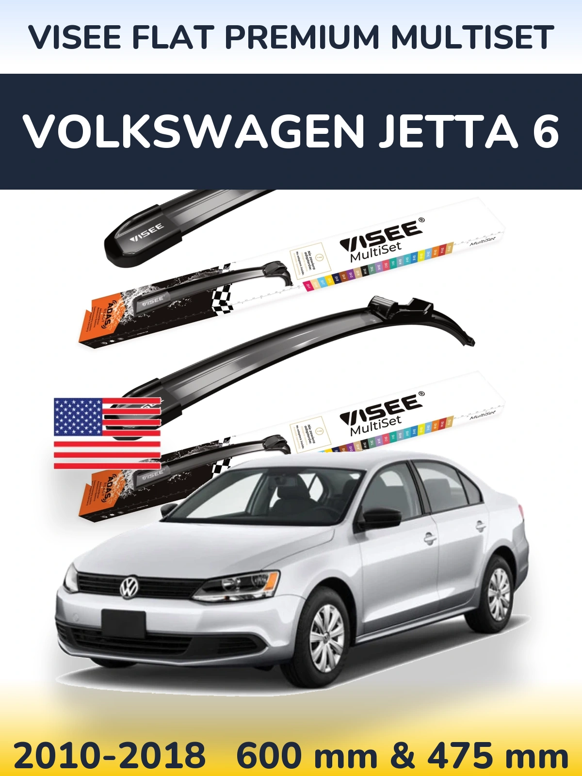 Komplet przednich wycieraczek VISEE FLAT PREMIUM MultiSet 600 & 475 mm do Volkswagen Jetta 6 2010-2018