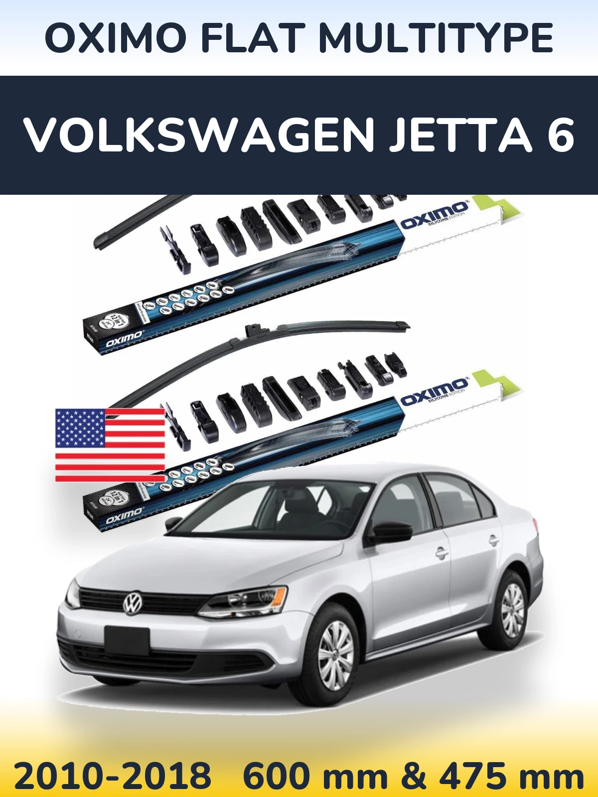 Комплект передних дворников Oximo Flat MultiТипe 600 & 475 мм для Volkswagen Jetta 6 2010-2018