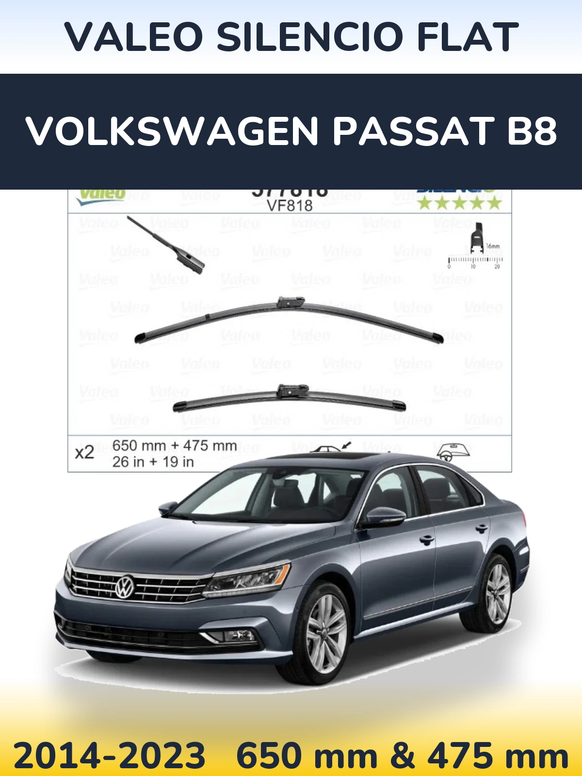 Komplet przednich wycieraczek Valeo Silencio Flat 650 & 475 mm do Volkswagen Passat B8 2014-2023