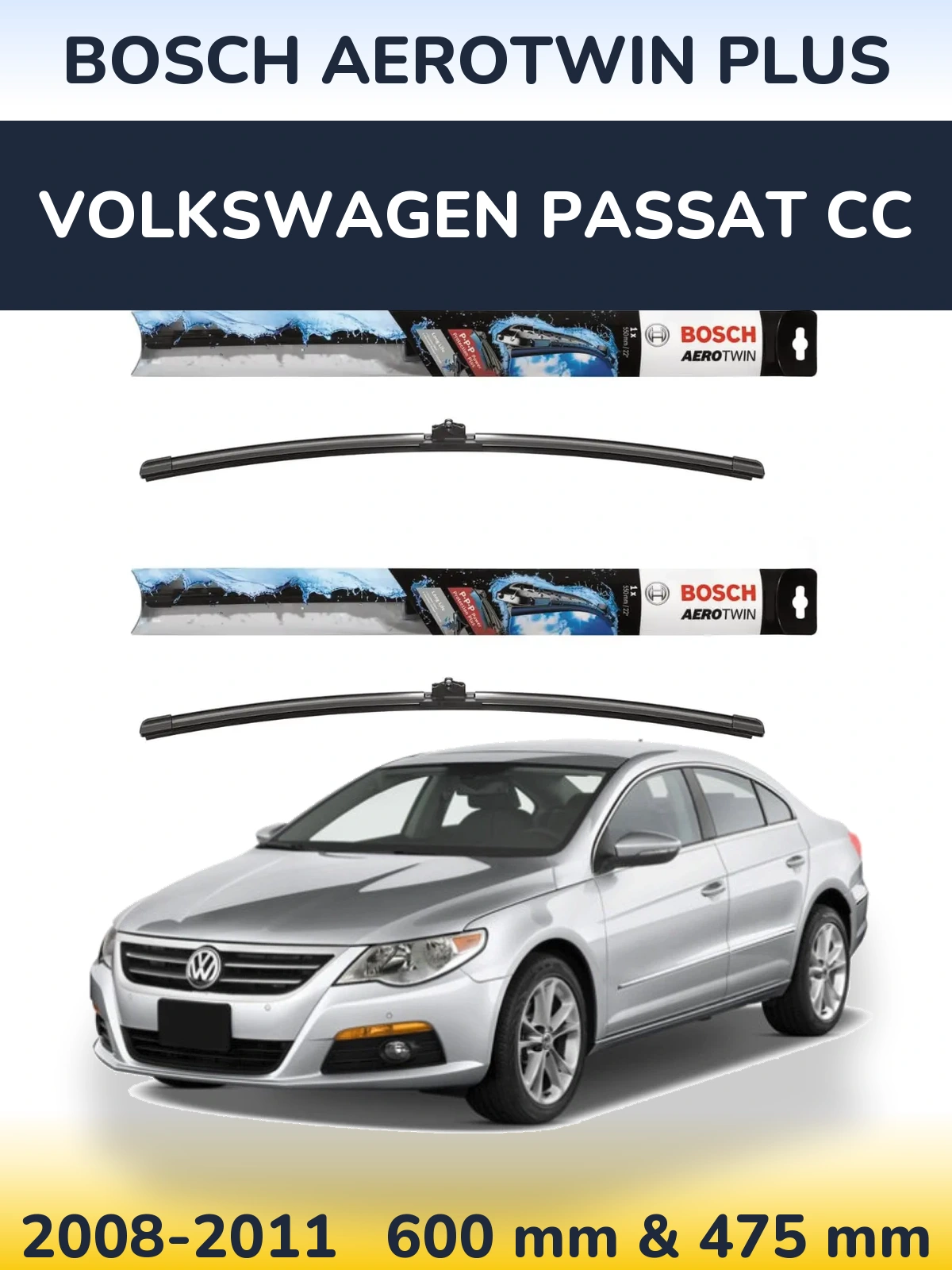Front wiper blade set BOSCH AeroTwin Plus 600 & 475 mm for Volkswagen Passat CC 2008-2011