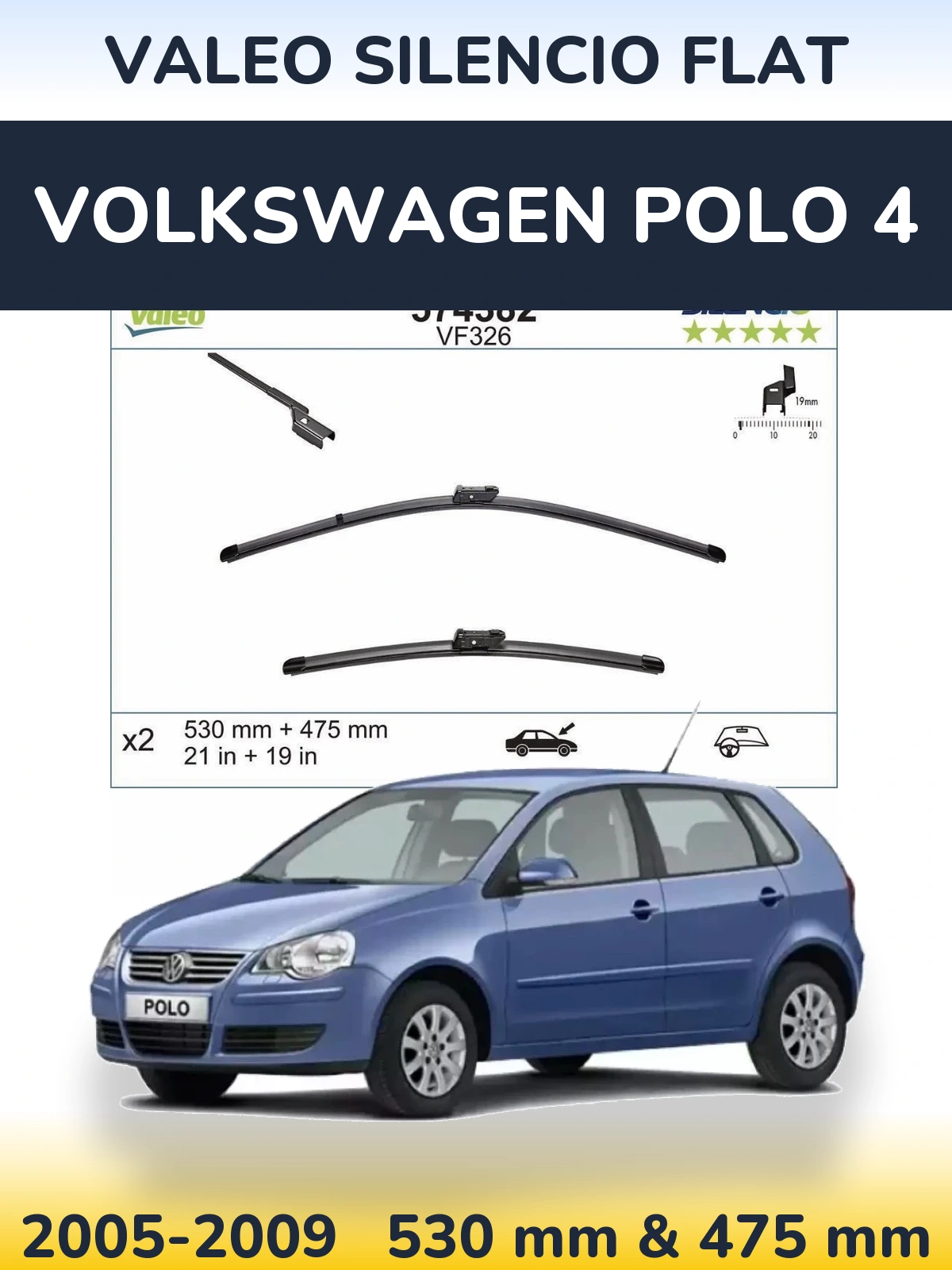 Komplet przednich wycieraczek Valeo Silencio Flat 530 & 475 mm do Volkswagen Polo 4 2005-2009