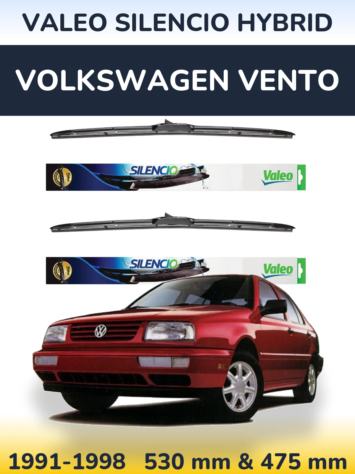 Front wiper blade set Valeo Silencio Hybrid 530 & 475 mm for Volkswagen Vento 1991-1998