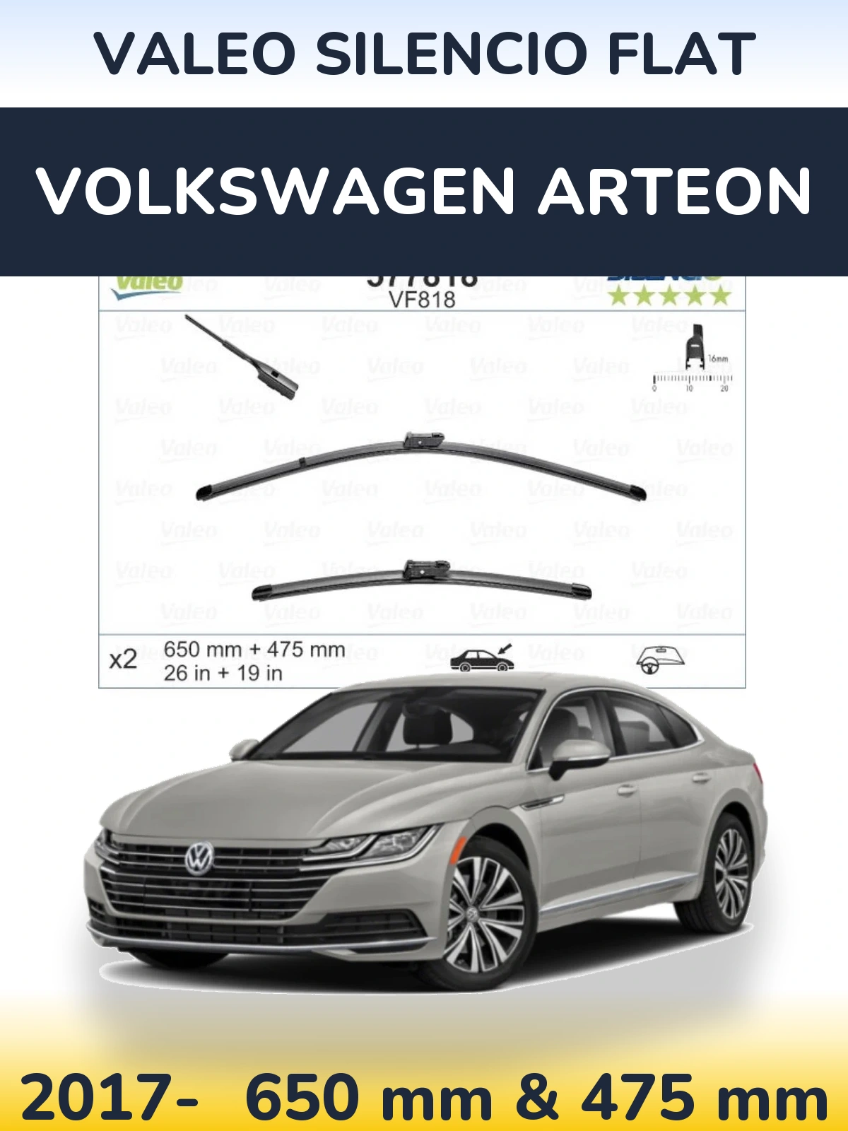 Front wiper blade set Valeo Silencio Flat 650 & 475 mm for Volkswagen Arteon 2017-2026