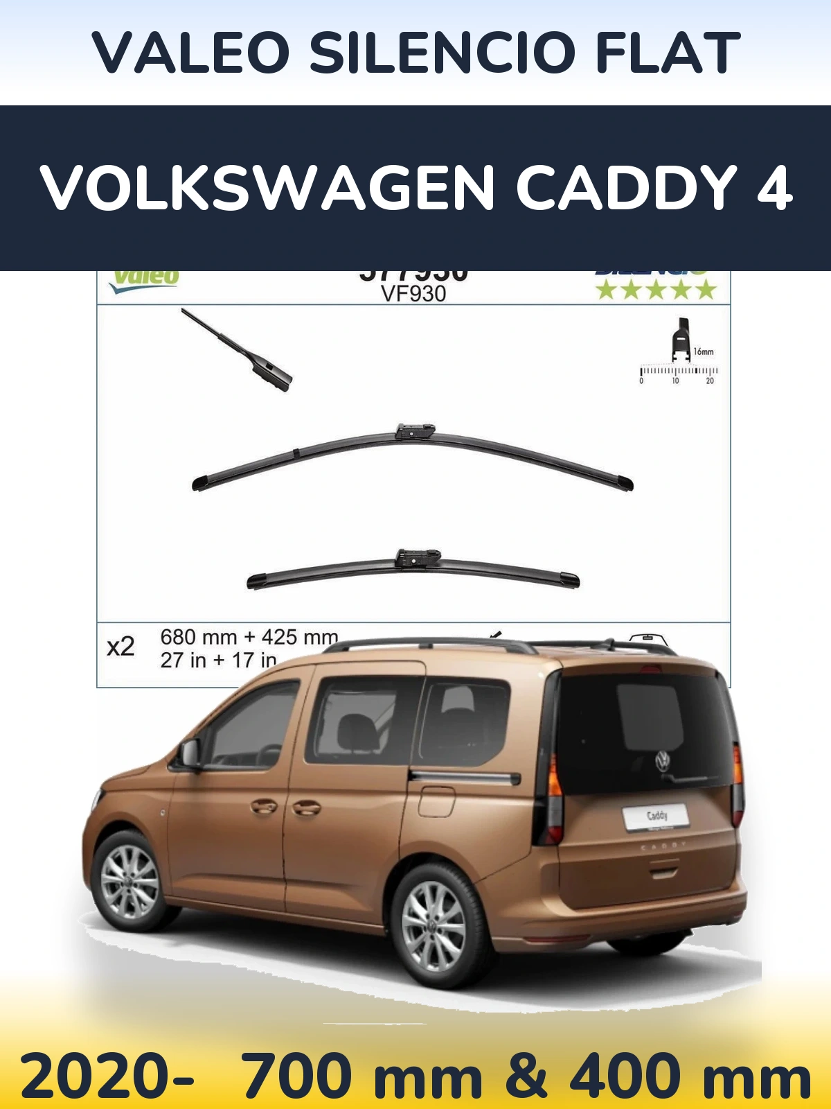 Комплект передних дворников Valeo Silencio Flat 680 & 400 мм для Volkswagen Caddy 4 2020-2026