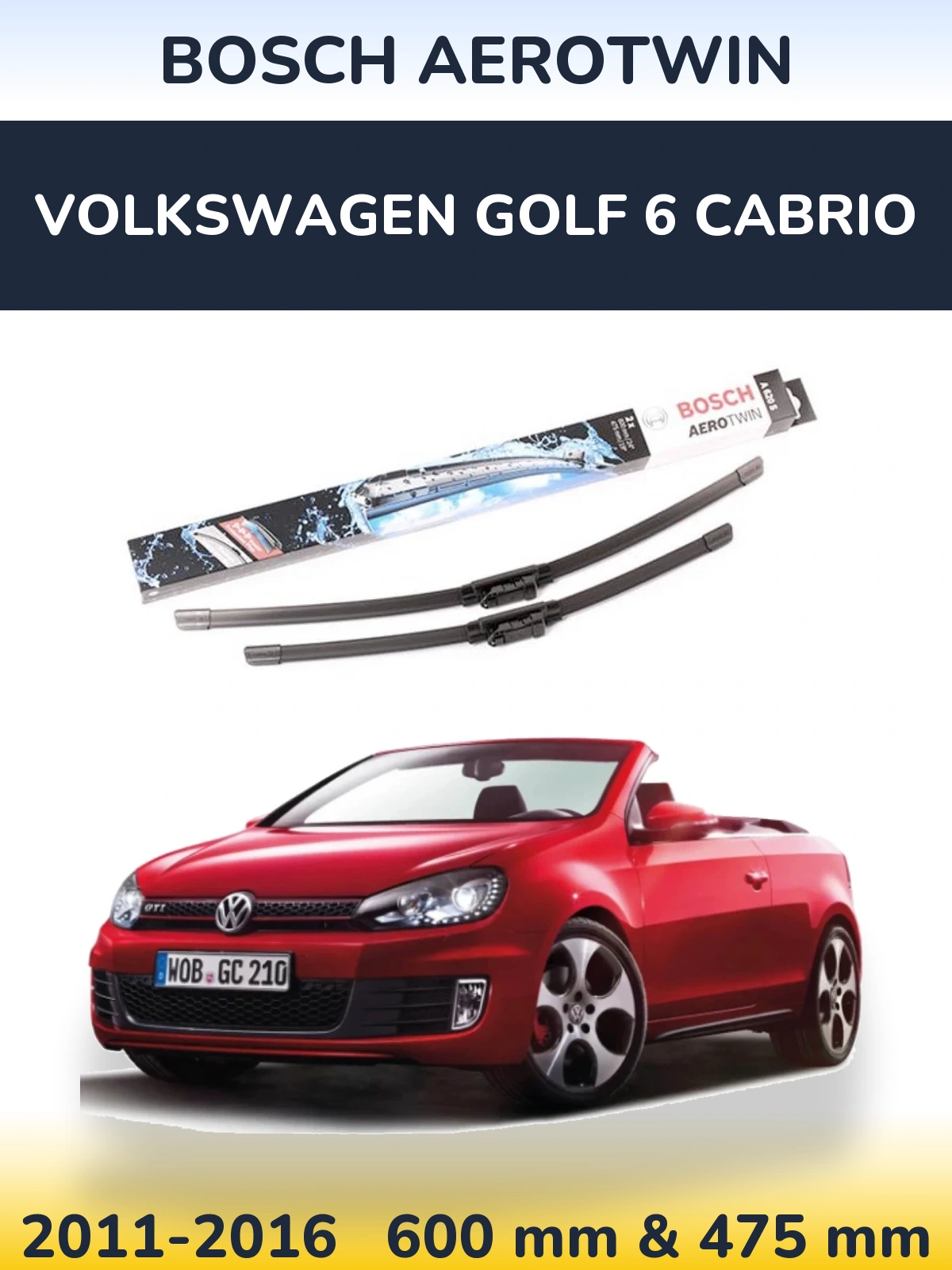 Комплект передних дворников BOSCH AeroTwin 600 & 475 мм для Volkswagen Golf 6 Cabrio 2011-2016