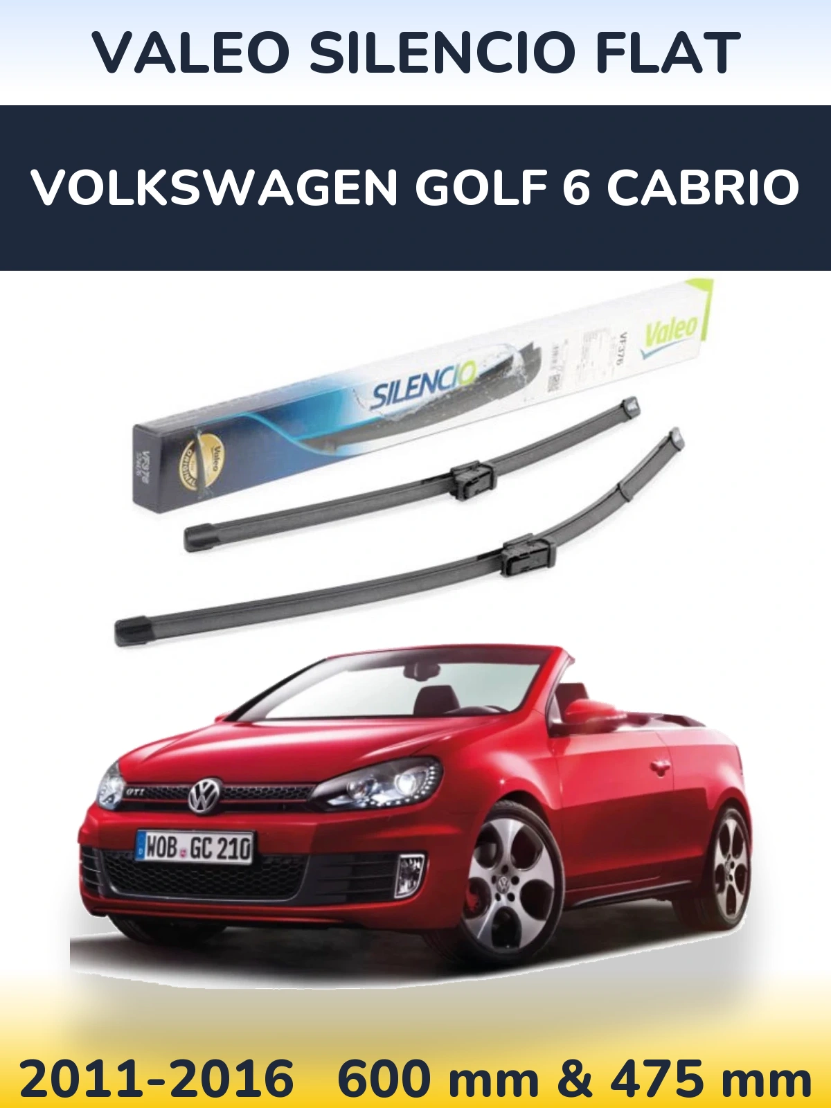 Комплект передних дворников Valeo Silencio Flat 600 & 475 мм для Volkswagen Golf 6 Cabrio 2011-2016