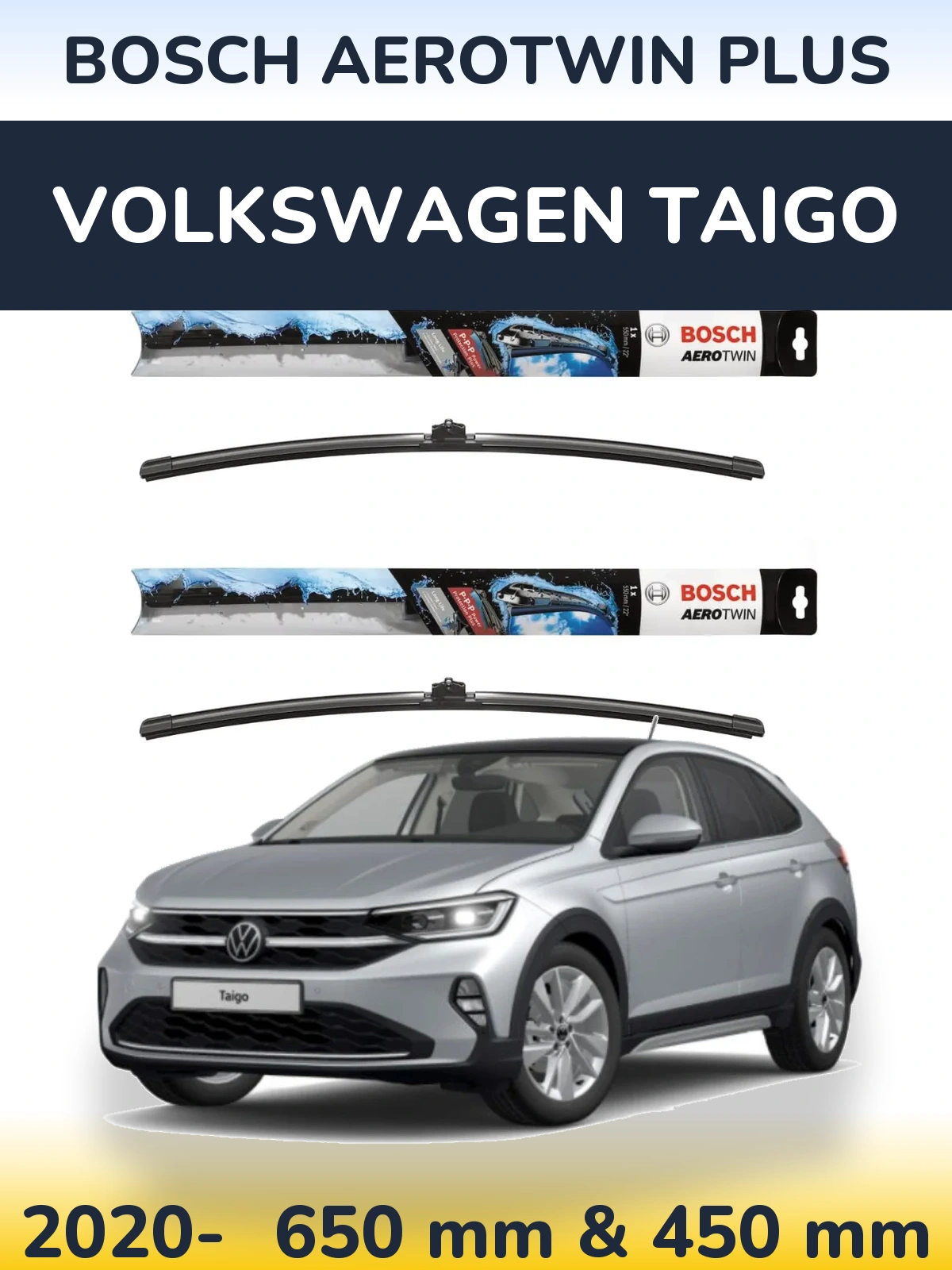 Комплект передних дворников BOSCH AeroTwin Plus 650 & 450 мм для Volkswagen Taigo 2020-2026