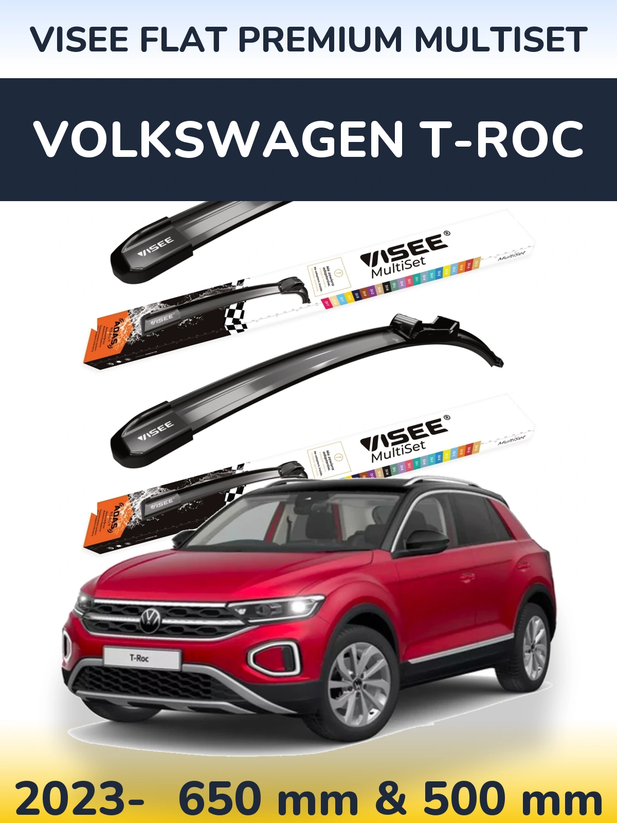 Komplet przednich wycieraczek VISEE FLAT PREMIUM MultiSet 650 & 500 mm do Volkswagen T-Roc 2023-2026