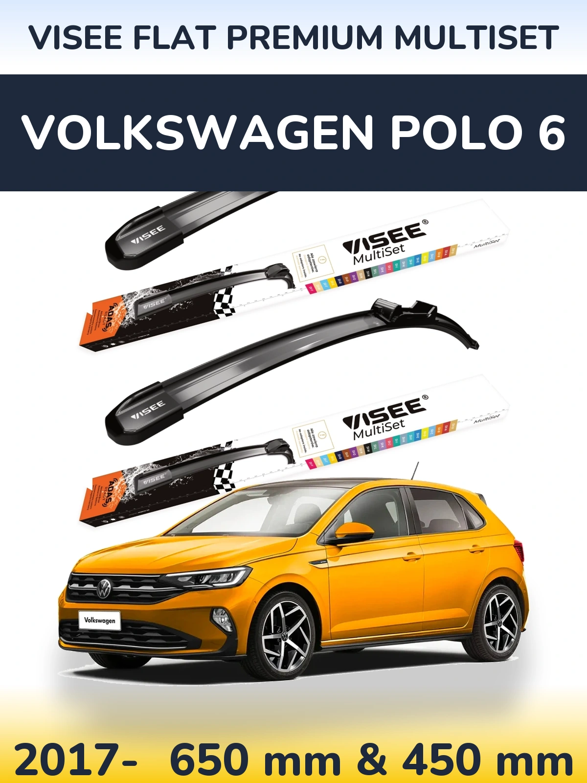 Komplet przednich wycieraczek VISEE FLAT PREMIUM MultiSet 650 & 450 mm do Volkswagen Polo 6 2017-2026