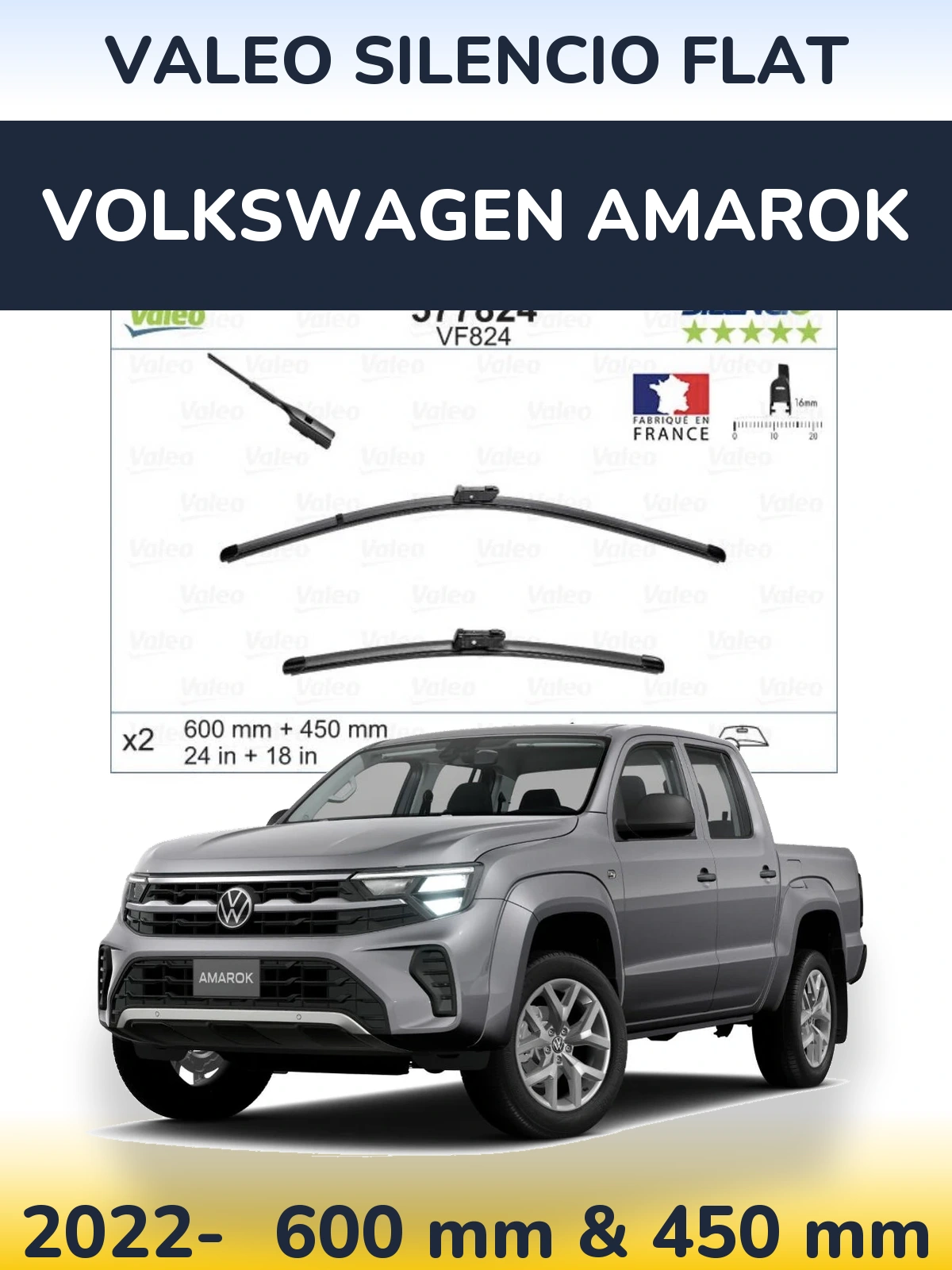 Front wiper blade set Valeo Silencio Flat 600 & 450 mm for Volkswagen Amarok 2022-2026