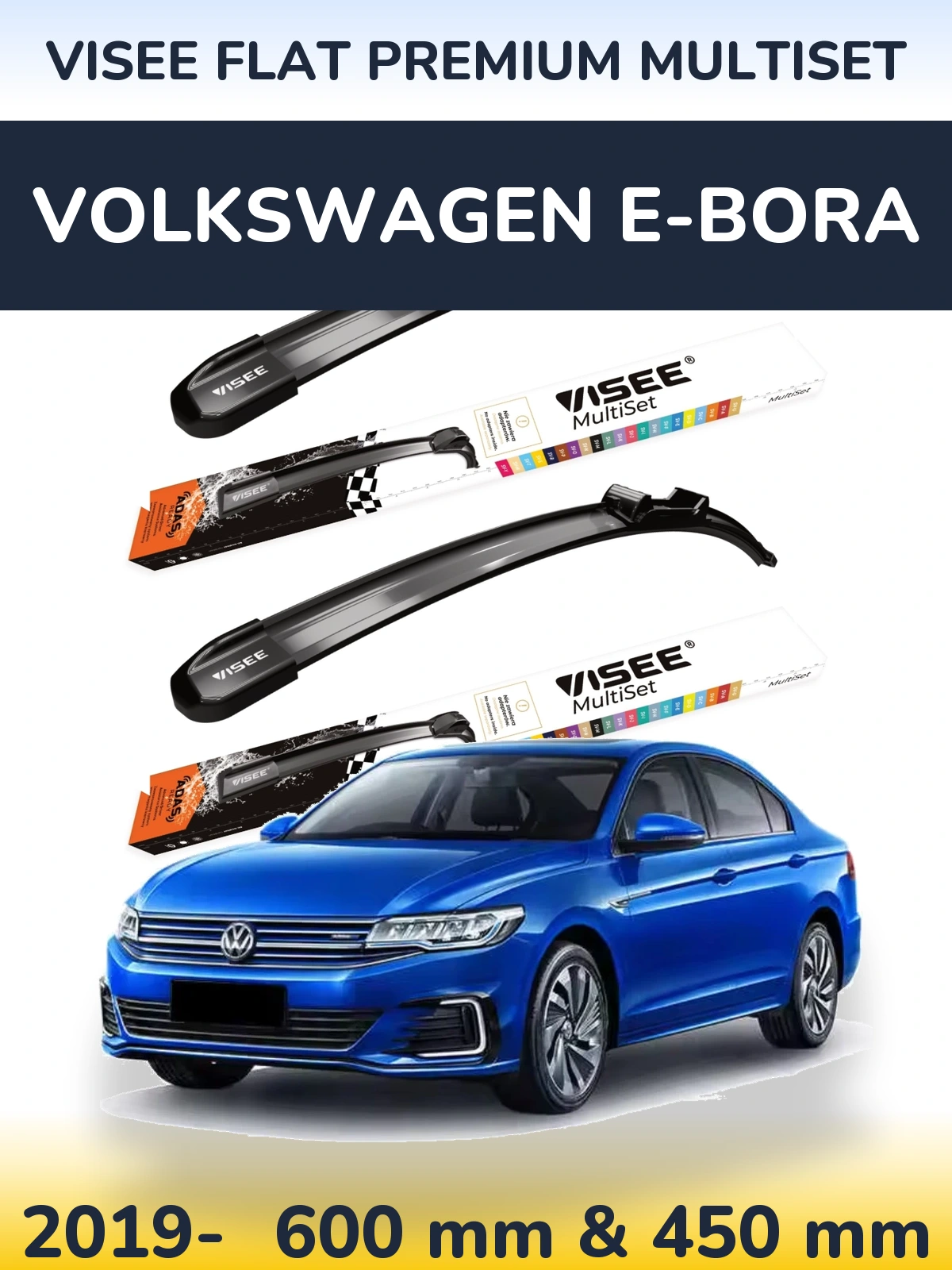 Komplet przednich wycieraczek VISEE FLAT PREMIUM MultiSet 600 & 450 mm do Volkswagen e-Bora 2019-2026