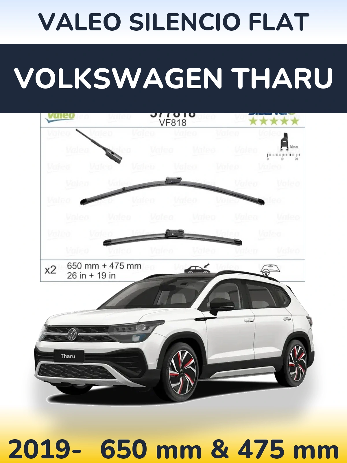Komplet przednich wycieraczek Valeo Silencio Flat 650 & 475 mm do Volkswagen Tharu 2019-2026
