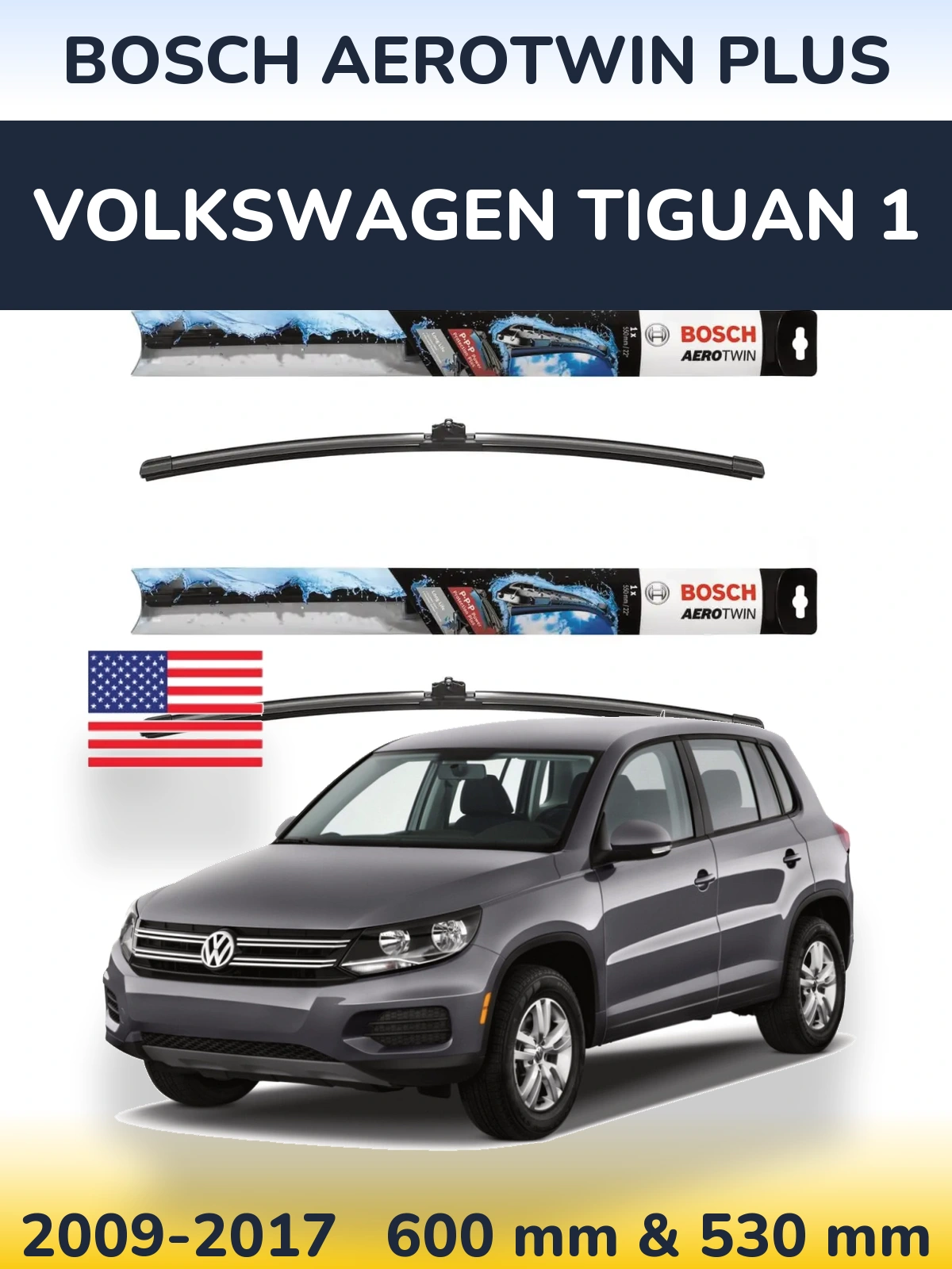 Front wiper blade set BOSCH AeroTwin Plus 600 & 530 mm for Volkswagen Tiguan 1 2009-2017