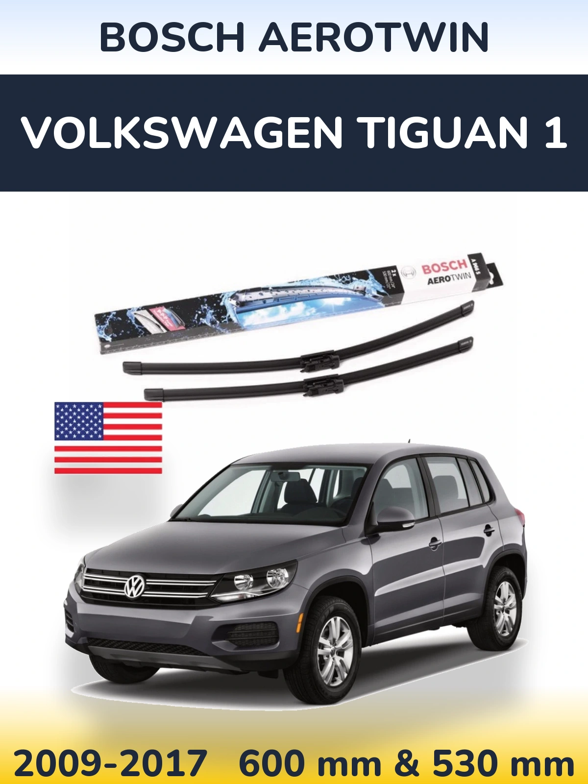 Комплект передних дворников BOSCH AeroTwin 600 & 530 мм для Volkswagen Tiguan 1 2009-2017