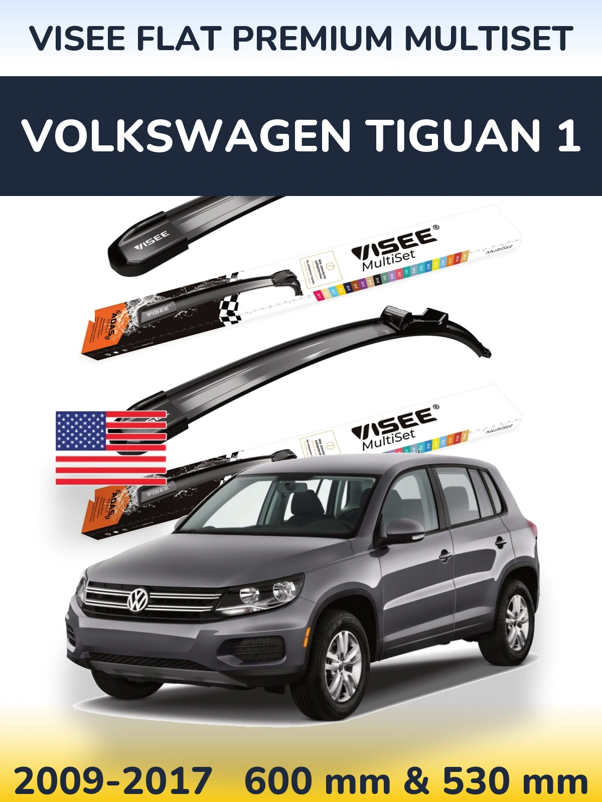 Komplet przednich wycieraczek VISEE FLAT PREMIUM MultiSet 600 & 530 mm do Volkswagen Tiguan 1 2009-2017