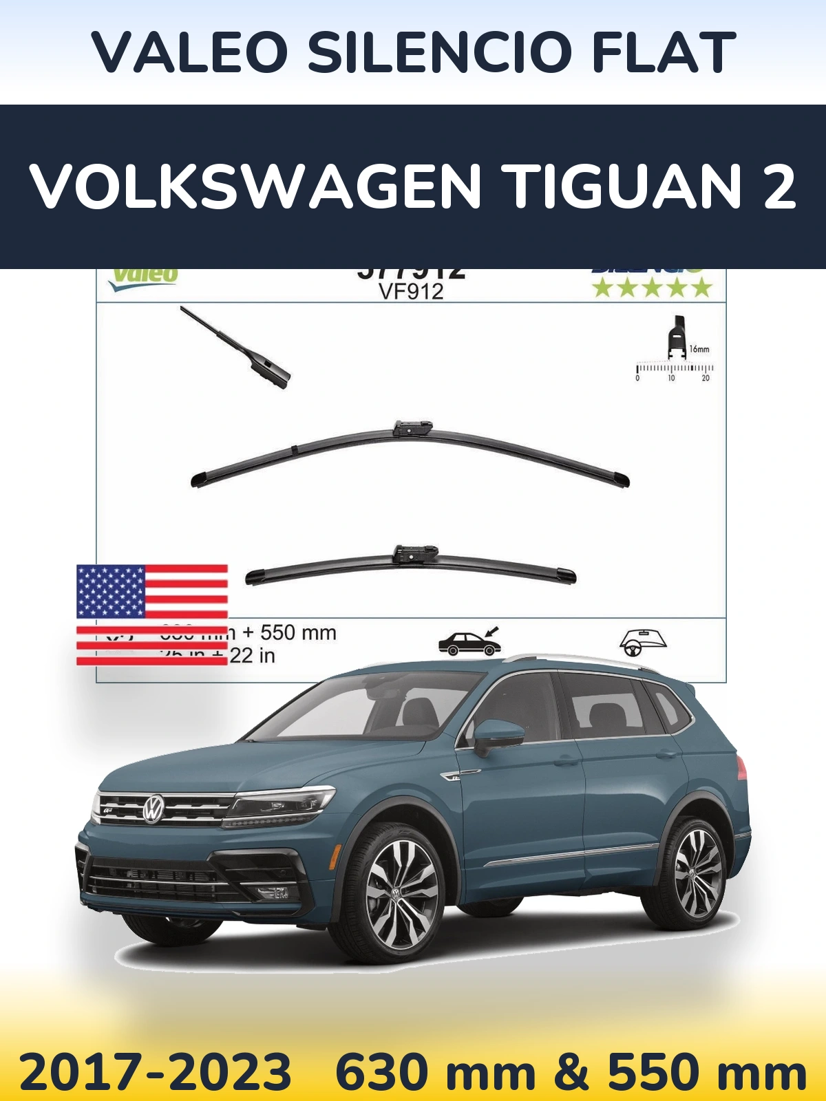Комплект передніх щіток Valeo Silencio Flat 630 & 550 мм для Volkswagen Tiguan 2 2017-2023