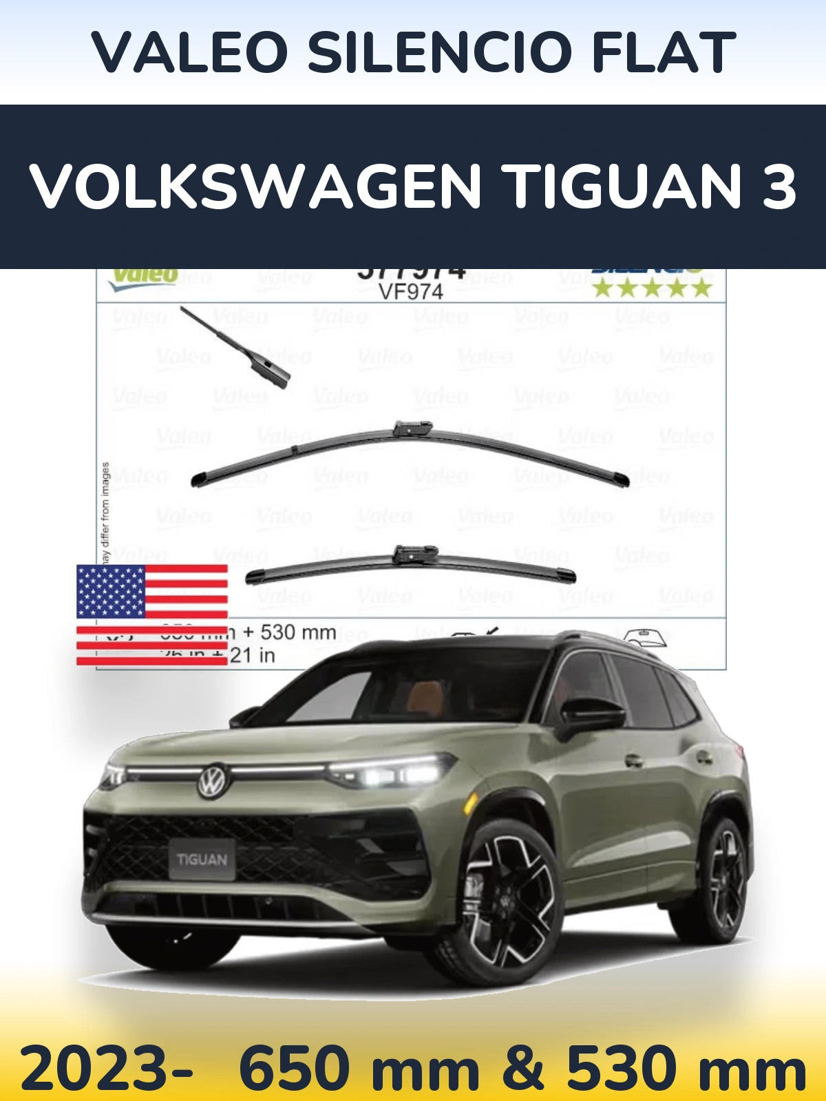 Komplet przednich wycieraczek Valeo Silencio Flat 650 & 530 mm do Volkswagen Tiguan 3 2023-2026