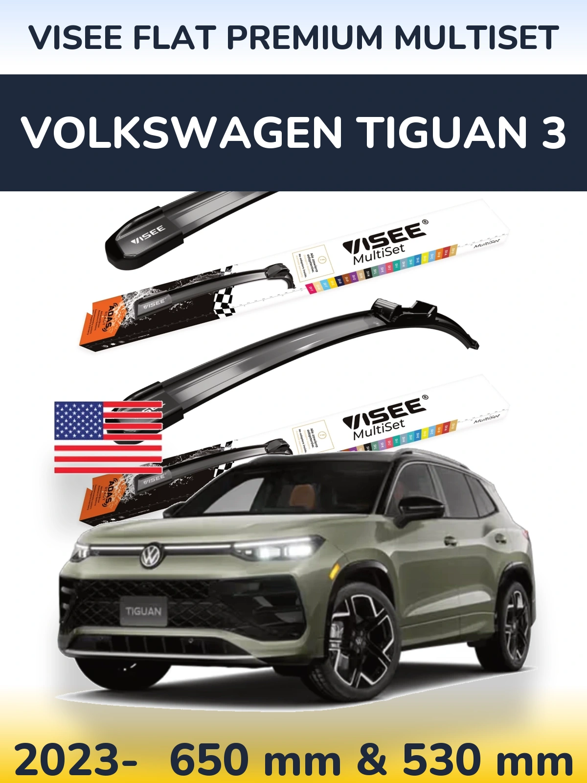 Komplet przednich wycieraczek VISEE FLAT PREMIUM MultiSet 650 & 530 mm do Volkswagen Tiguan 3 2023-2026