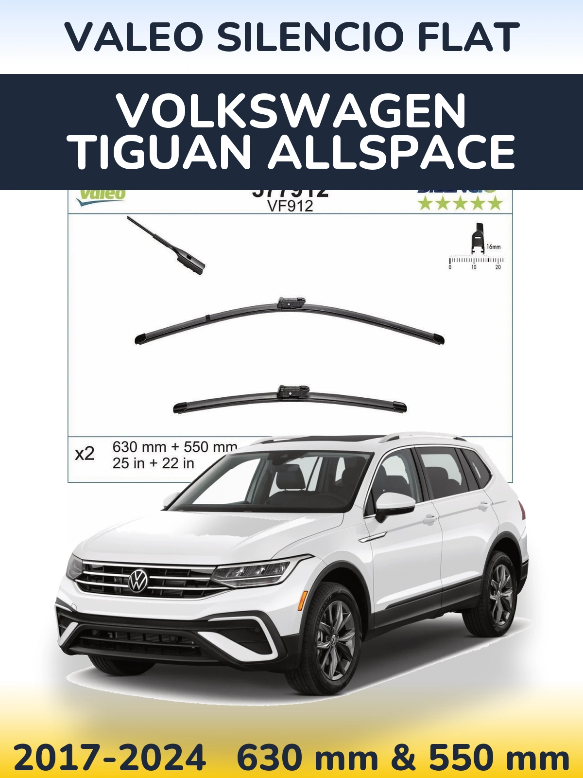 Комплект передних дворников Valeo Silencio Flat 630 & 550 мм для Volkswagen Tiguan Allspace 2017-2024