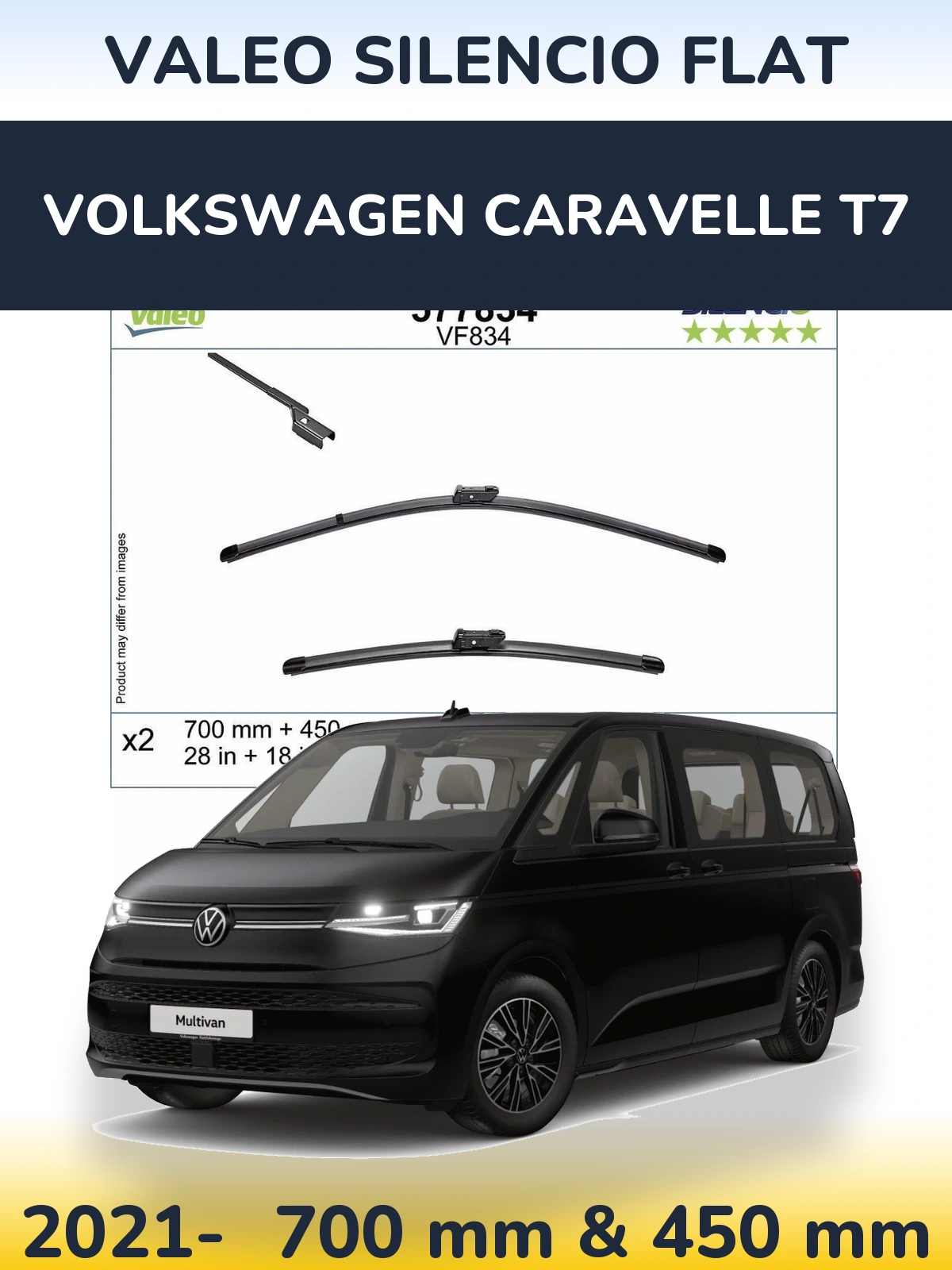 Комплект передних дворников Valeo Silencio Flat 700 & 450 мм для Volkswagen Caravelle T7 2021-2026