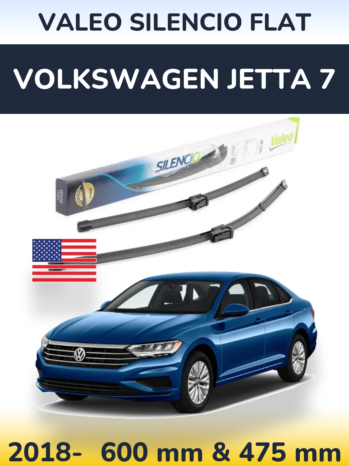 Комплект передних дворников Valeo Silencio Flat 600 & 475 мм для Volkswagen Jetta 7 2018-2026