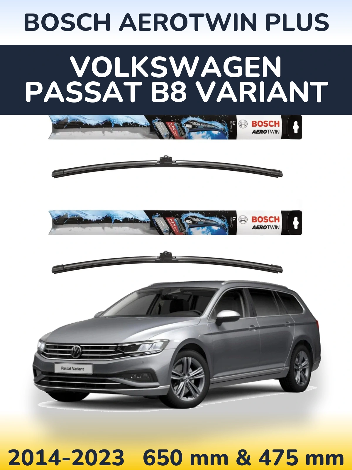 Komplet przednich wycieraczek BOSCH AeroTwin Plus 650 & 475 mm do Volkswagen Passat B8 Variant 2014-2023