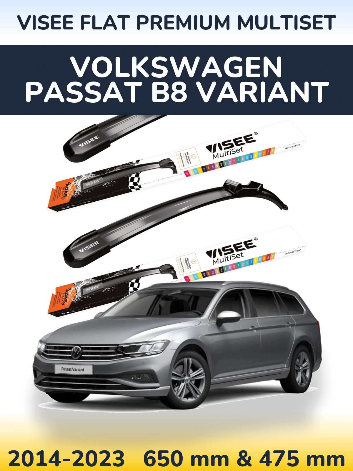 Komplet przednich wycieraczek VISEE FLAT PREMIUM MultiSet 650 & 475 mm do Volkswagen Passat B8 Variant 2014-2023