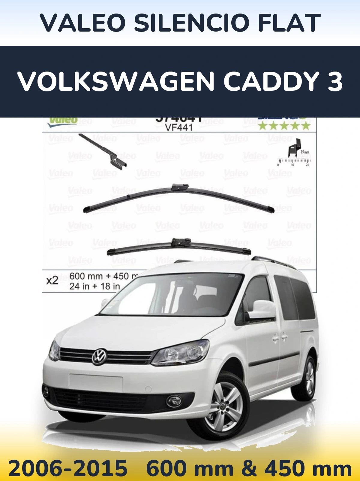 Front wiper blade set Valeo Silencio Flat 600 & 450 mm for Volkswagen Caddy 3 2006-2015