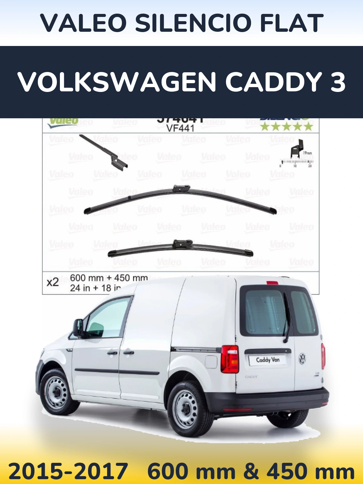 Front wiper blade set Valeo Silencio Flat 600 & 450 mm for Volkswagen Caddy 3 2015-2017