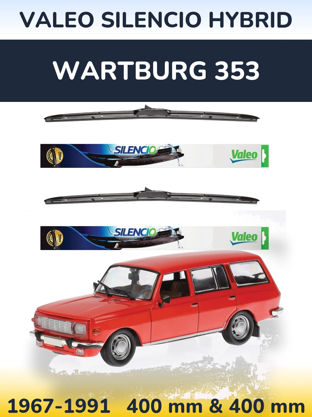 Komplet przednich wycieraczek Valeo Silencio Hybrid 400 & 400 mm do Wartburg 353 1967-1991