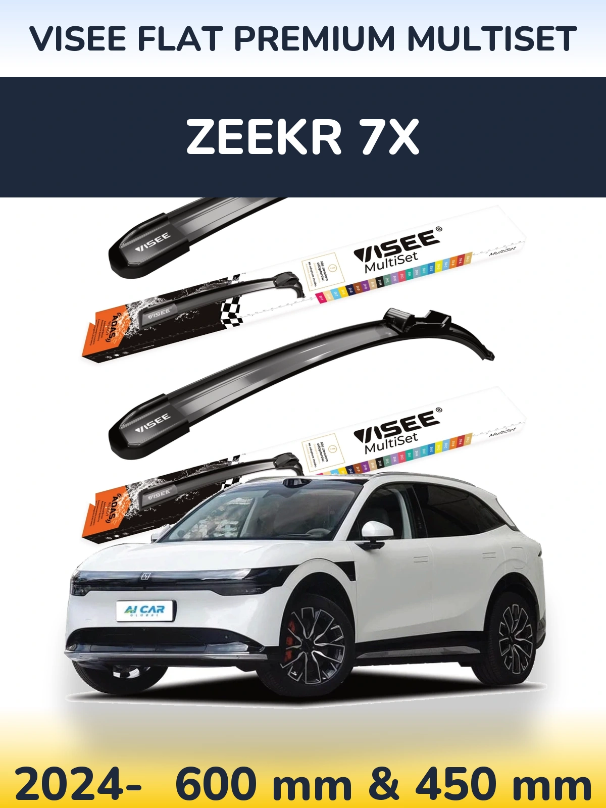 Komplet przednich wycieraczek VISEE FLAT PREMIUM MultiSet 600 & 450 mm do Zeekr 7X 2024-2026
