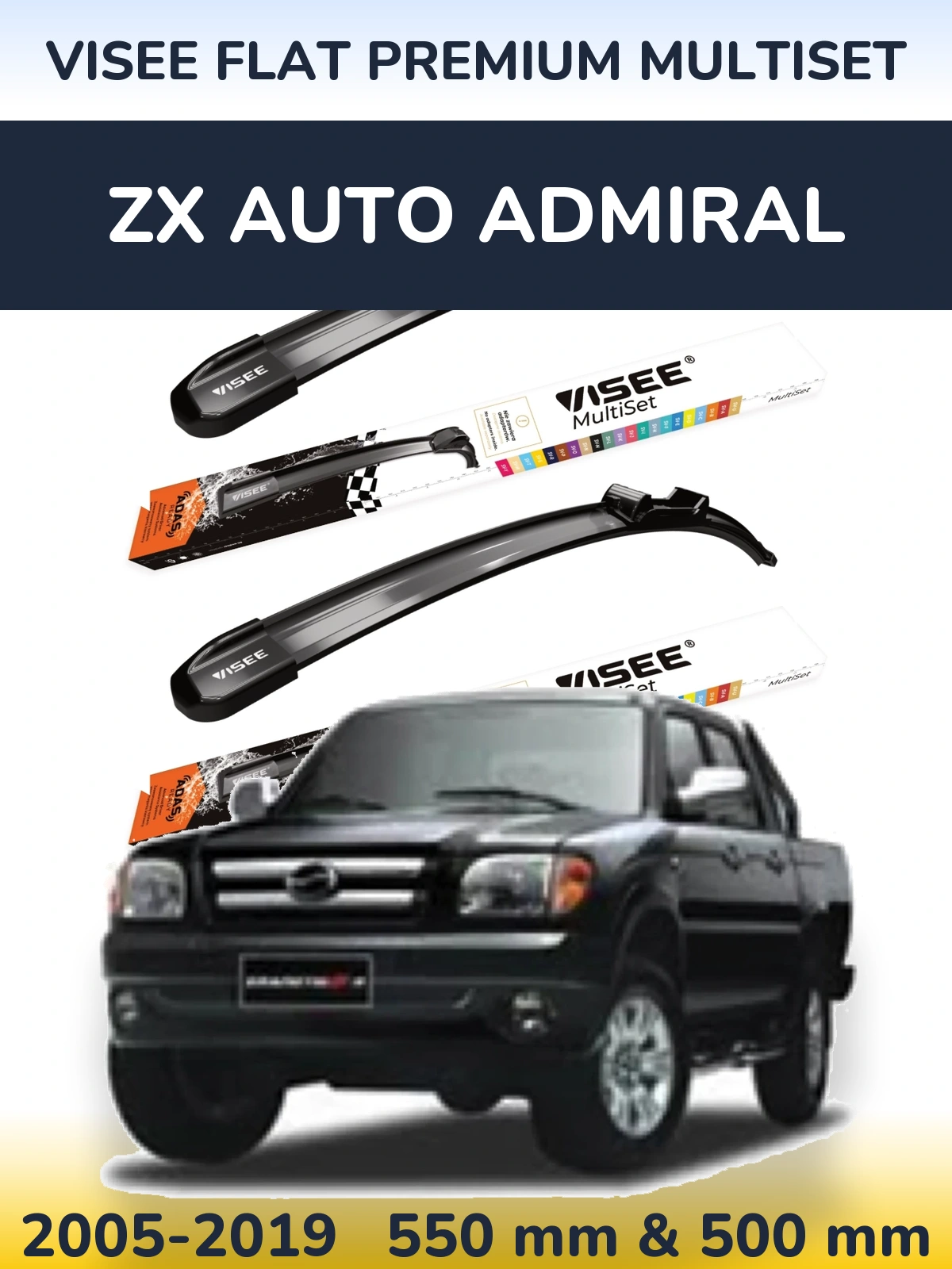 Komplet przednich wycieraczek VISEE FLAT PREMIUM MultiSet 550 & 500 mm do ZX Auto Admiral 2005-2019