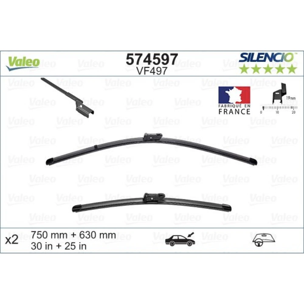 Komplet przednich wycieraczek Valeo Silencio Flat 750 & 630 mm do Citroen DS5 2011-2019